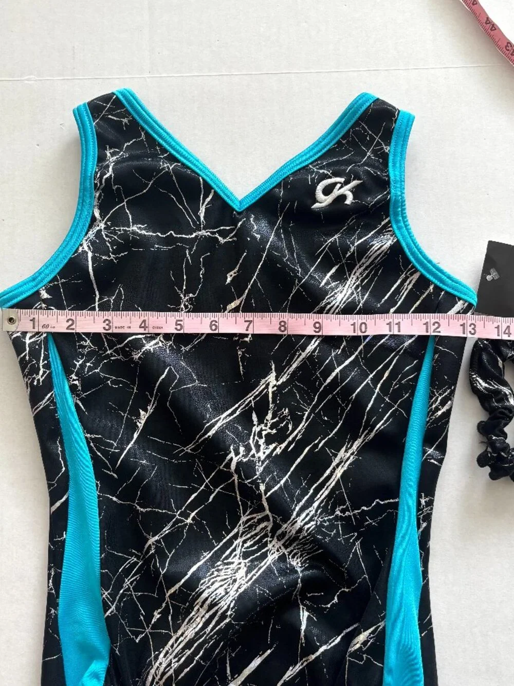 NWT GK Gymnastics Black/Blue Crackle Sleeveless Leotard with Scrunchie Size AS